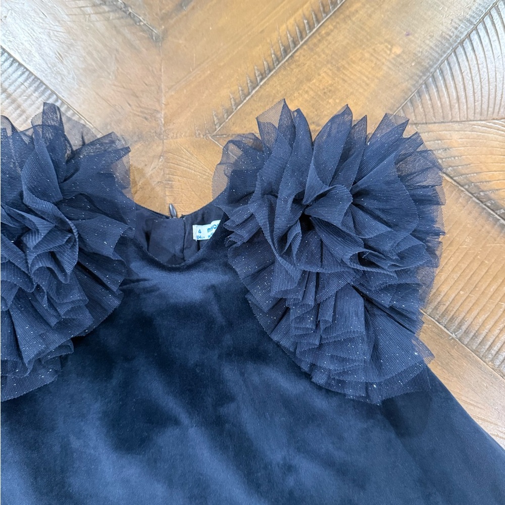 Mayoral Toddler Navy Velvet Dress with Tulle Sleeves - Size 4 - Picture 2 of 4